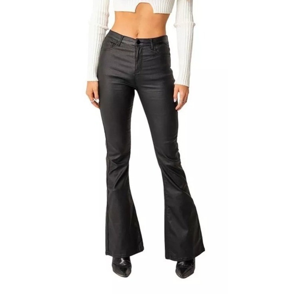 Edikted | Black Coated Flare Pants High Waisted Faux Leather Look Trousers | M